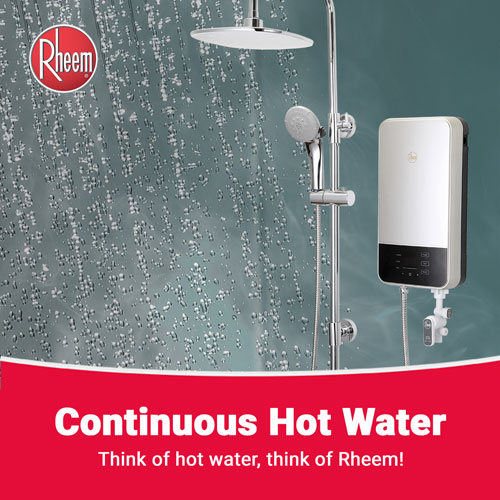 A brochure showing continuous hot water feature of Rheem’s water heater