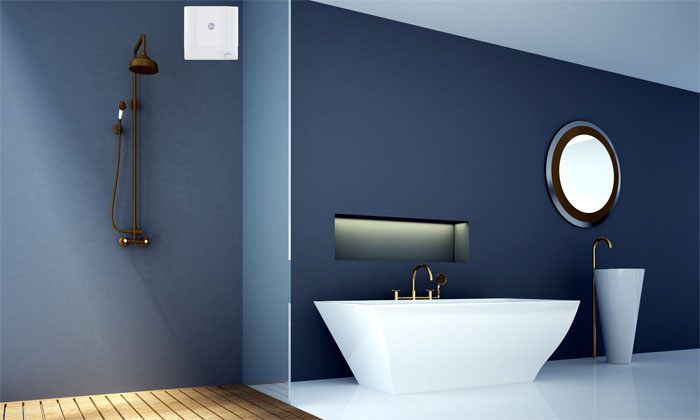 Blue and white color scheme for a bathroom