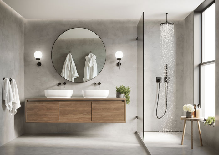 Gray and wood color scheme for a bathroom with a rain shower mounted on its wall