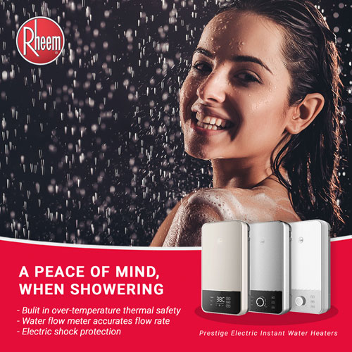 A brochure showing how prestige instant water heaters provide peace of mind when showering