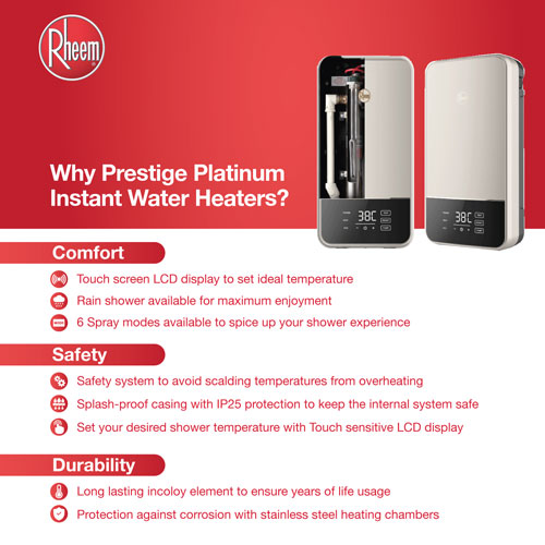 A brochure showing the features of prestige instant water heater
