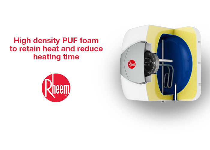 An illustration showing the location of PUF foam in Rheem water heater