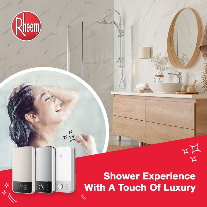 A woman enjoying shower with Rheem’s prestige product