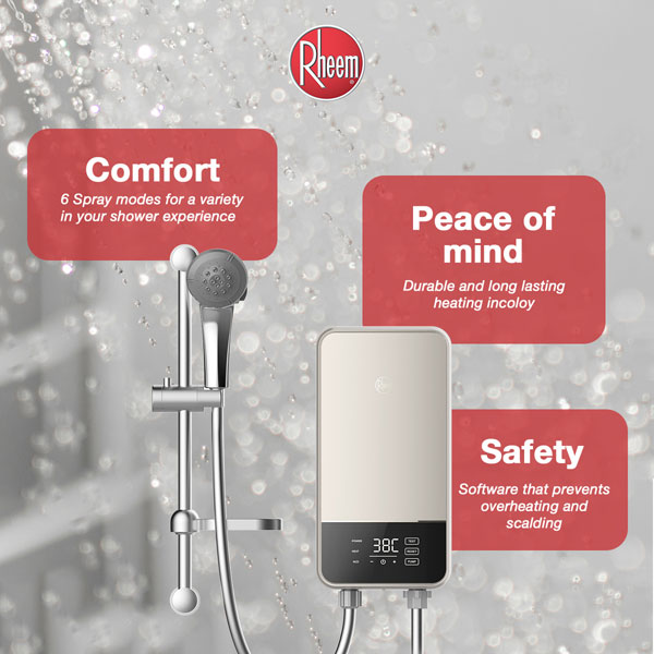 A brochure showing the main features of Rheem’s prestige platinum instant shower